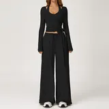 SET3058B-1 · Jet Black Jet Black Long Sleeve + Tank Top + Leggings Yoga Set 3058