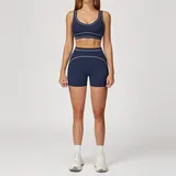Navy Blue Women's Brushed Color Block Yoga Set Bra Shorts
