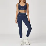 Navy Blue Women's Brushed Color Block Yoga Set Bra Long Pants