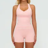 Jet Black Women's Brushed Color Block Yoga Set Tank Shorts