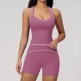 YSC7028-2 · Navy Blue Navy Blue Women's Brushed Color Block Yoga Set Tank Shorts