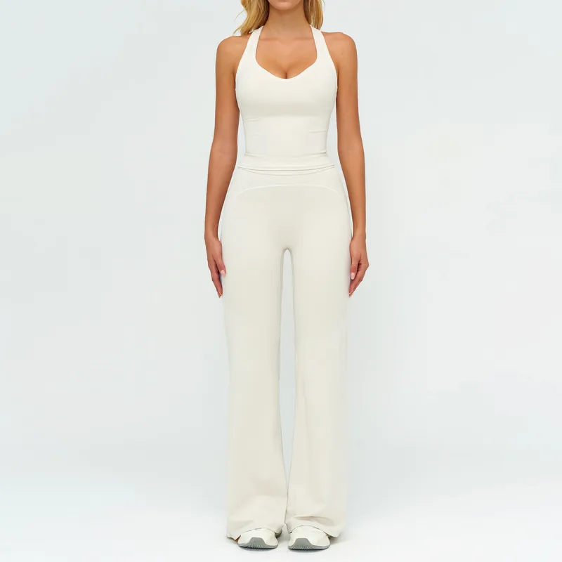 Women's Brushed Color Block Yoga Set Tank Wide Leg Pants