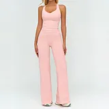 Jet Black Women's Brushed Color Block Yoga Set Tank Wide Leg Pants