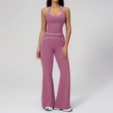 YSD7028-2 · Navy Blue Navy Blue Women's Brushed Color Block Yoga Set Tank Wide Leg Pants