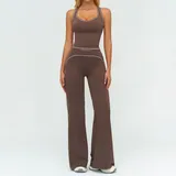 Oat Apricot Women's Brushed Color Block Yoga Set Tank Wide Leg Pants