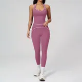 Navy Blue Women's Brushed Color Block Yoga Set Tank Long Pants