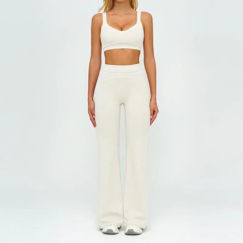Women's Brushed Color Block Yoga Set Bra Wide Leg Pants