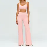 Jet Black Women's Brushed Color Block Yoga Set Bra Wide Leg Pants