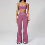 YSF7028-2 · Navy Blue Navy Blue Women's Brushed Color Block Yoga Set Bra Wide Leg Pants