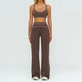 Peach Pink Women's Brushed Color Block Yoga Set Bra Wide Leg Pants