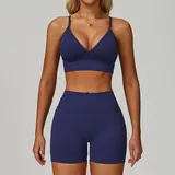 Navy Blue Sports Bra + Shorts Yoga Set 7790
