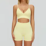 Cream Yellow Sports Bra + Shorts Yoga Set 7790