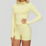 Cream Yellow Jacket + Shorts Yoga Set 7790
