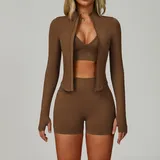 Espresso Sports Bra + Shorts + Jacket Yoga Set 7790