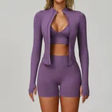 SET7790E-3 · Misty Purple Misty Purple Sports Bra + Shorts + Jacket Yoga Set 7790