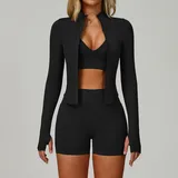 Jet Black Sports Bra + Shorts + Jacket Yoga Set 7790