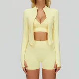 Cream Yellow Sports Bra + Shorts + Jacket Yoga Set 7790