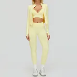 Cream Yellow Sports Bra + Leggings + Jacket Yoga Set 7790