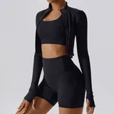 SET8047A-1 · Jet Black Jet Black Long Sleeve + Sports Bra + Shorts Yoga Set 8047