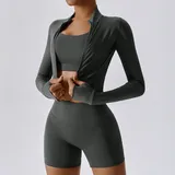 SET8047A-3 · Volcanic Ash Volcanic Ash Long Sleeve + Sports Bra + Shorts Yoga Set 8047