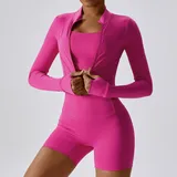 Magenta Long Sleeve + Sports Bra + Shorts Yoga Set 8047
