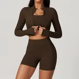 Roasted Brown Long Sleeve + Sports Bra + Shorts Yoga Set 8047