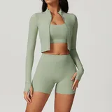 Bean Green Long Sleeve + Sports Bra + Shorts Yoga Set 8047