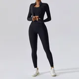 SET8047B-1 · Jet Black Jet Black Long Sleeve + Sports Bra + Leggings Yoga Set 8047