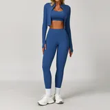 Midnight Blue Long Sleeve + Sports Bra + Leggings Yoga Set 8047