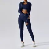 Badge Blue Long Sleeve + Sports Bra + Leggings Yoga Set 8047