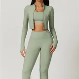 Bean Green Long Sleeve + Sports Bra + Leggings Yoga Set 8047