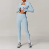 SET8047B-7 · Sky Blue Sky Blue Long Sleeve + Sports Bra + Leggings Yoga Set 8047