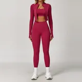 Rose Red Long Sleeve + Sports Bra + Leggings Yoga Set 8047