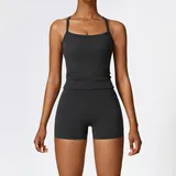 Jet Black Tank Top + Shorts Yoga Set 8519
