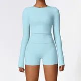 Sky Blue Long Sleeve + Shorts Yoga Set 8519