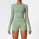 SET8519B-2 · Basil Green Basil Green Long Sleeve + Shorts Yoga Set 8519