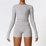 Frost Grey Long Sleeve + Shorts Yoga Set 8519