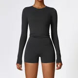 SET8519B-4 · Jet Black Jet Black Long Sleeve + Shorts Yoga Set 8519