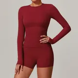 Cherry Red Long Sleeve + Shorts Yoga Set 8519