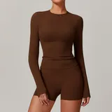 SET8519B-7 · Chocolate Brown Chocolate Brown Long Sleeve + Shorts Yoga Set 8519