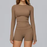 SET8519B-8 · Mocha Brown Mocha Brown Long Sleeve + Shorts Yoga Set 8519