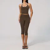 Coffee Brown Women's Backless Pilates Supportive Sports Bra Halter Neck