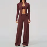 Wine Red Women's Flared Running Yoga Activewear Set Long Sleeve