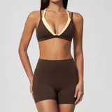 Dark Brown Two-Tone Women's Backless Workout Yoga Activewear Set Bare Feel