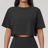 Jet Black Women's Yoga Short Sleeve Top Crew Neck Relaxed