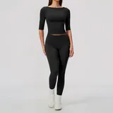 Jet Black Women's Yoga Short Sleeve Top High Waist Slimming