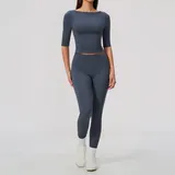 ST8793-4 · Navy Blue Navy Blue Women's Yoga Short Sleeve Top High Waist Slimming