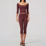 Wine Red Brushed Slim Fit Women's Yoga Set High Waist