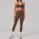 Jujube Brown Women's Seamless Yoga Set Halter Neck Backless Fitted