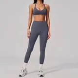 Blue Grey Women's Seamless Yoga Set Halter Neck Backless Fitted